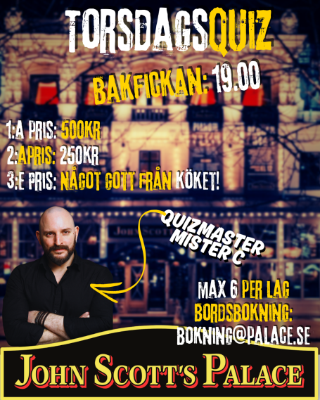 quiz torsdag John Scott's Palace Göteborg Bakfickan